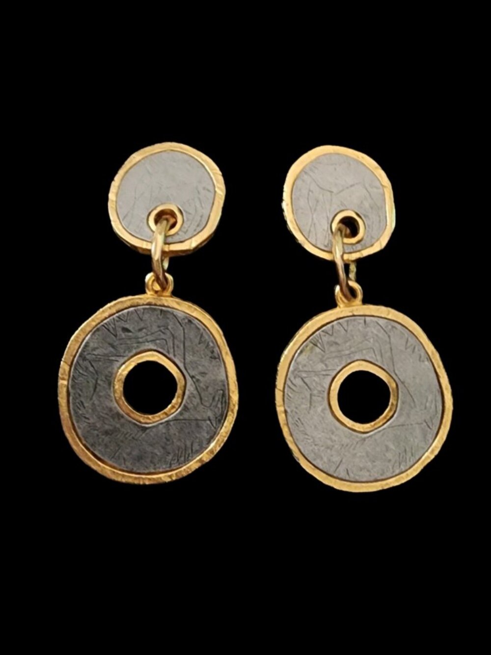Vtg 1980s Brutalist Mixed Metal Clip On Earrings Chunky Pewter Gold Deadstock